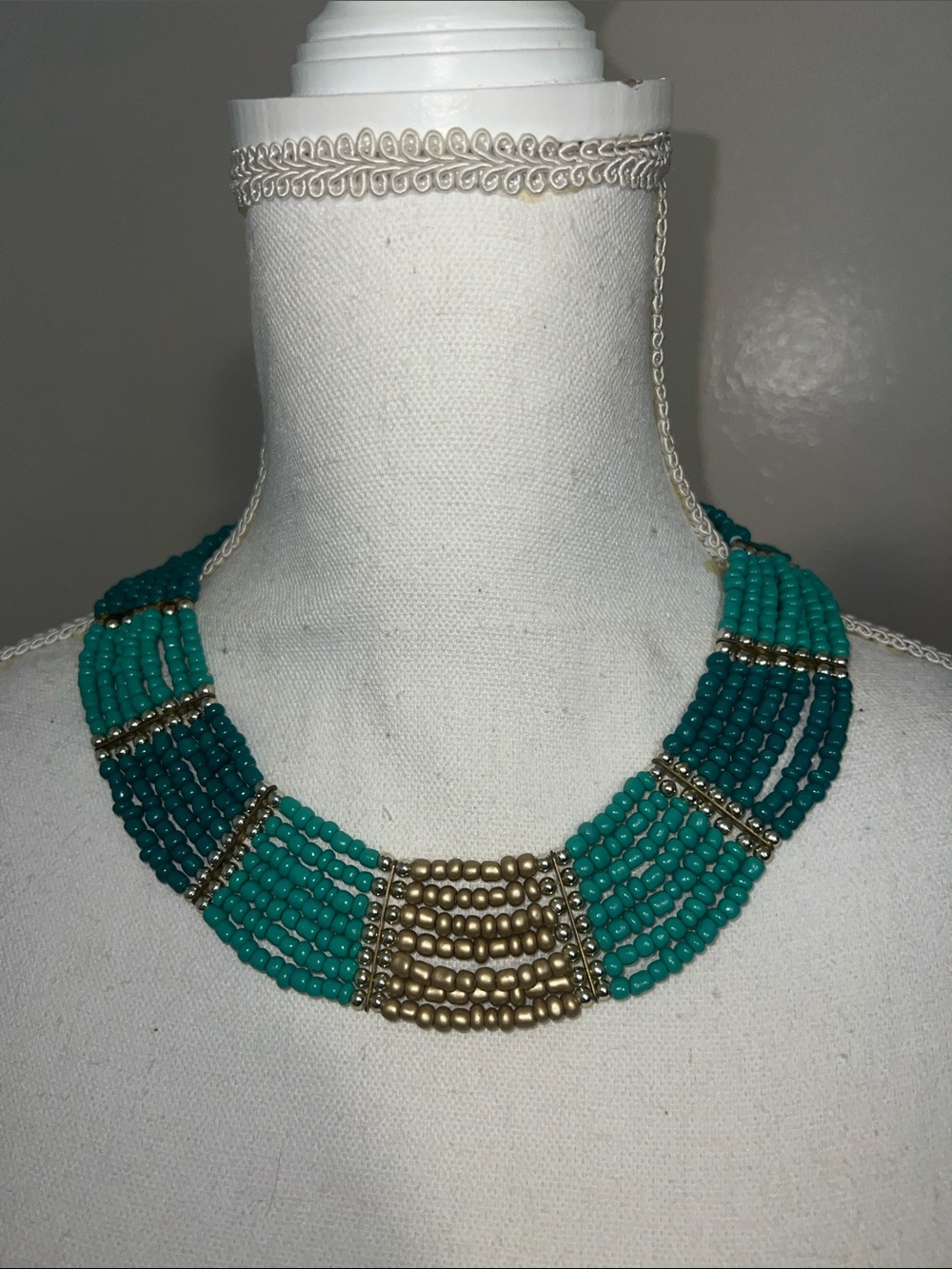Beaded Multistrand Statement Necklace - Teal & Gold